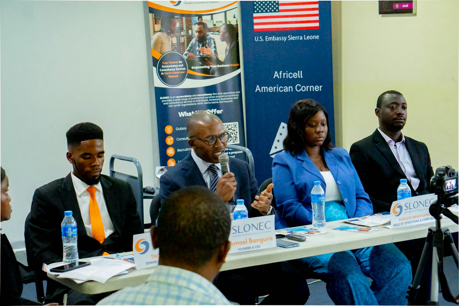 SLONEC press conference on innovation and collaboration at the Africell American Corner, Freetown