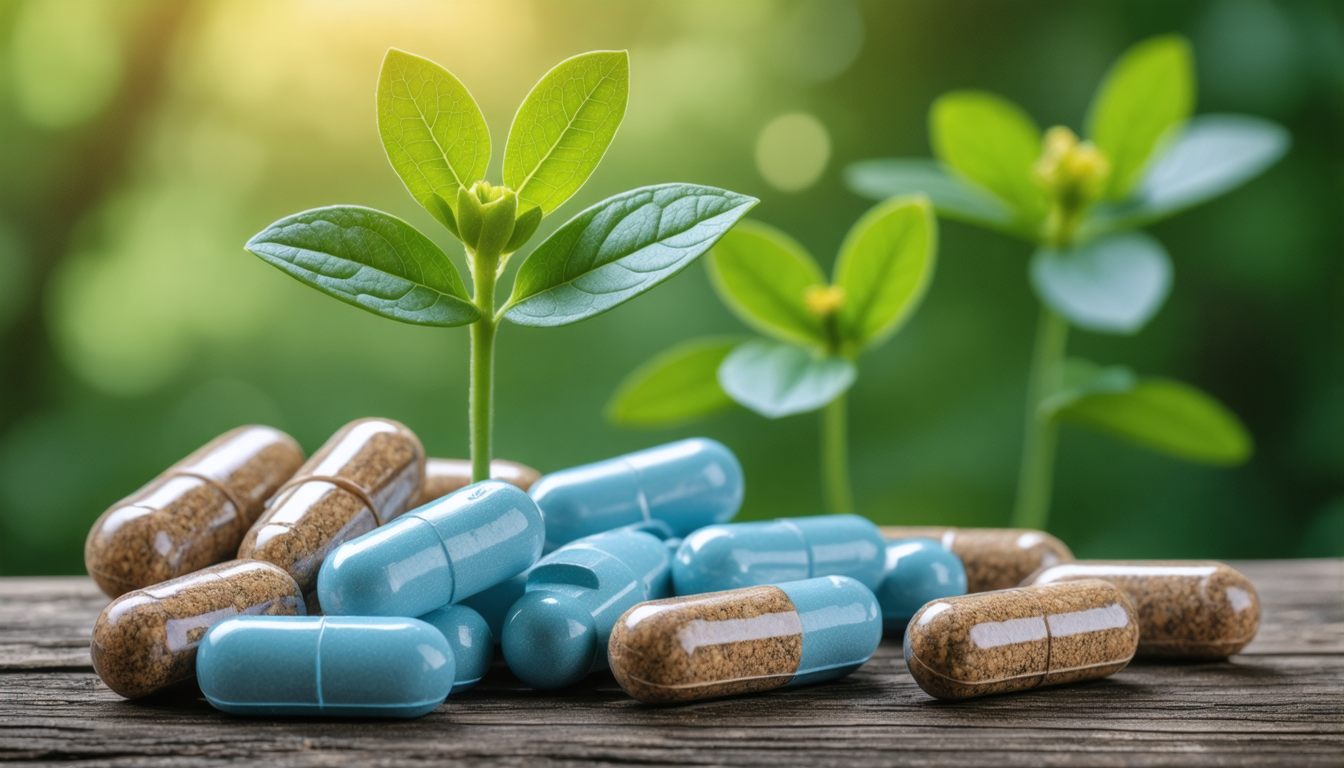 Herbal supplements marketed as natural Viagra alternatives displayed with caution symbol and medical clipboard