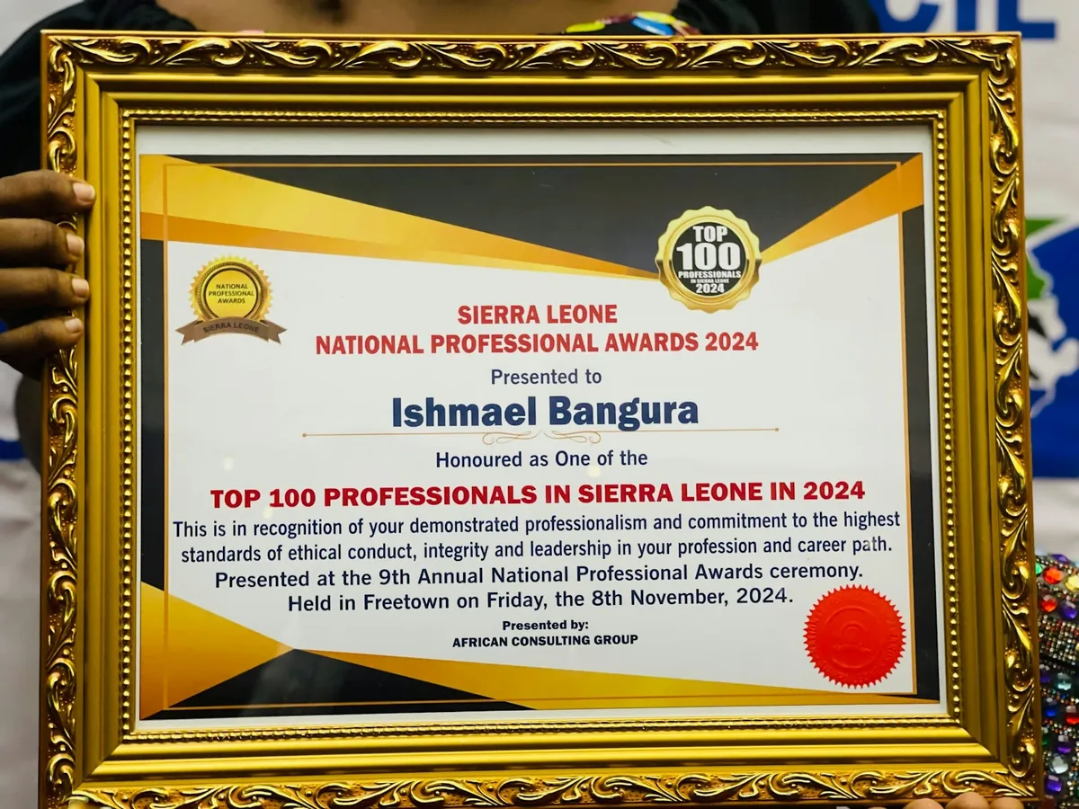 Ishmael Bangura's Top 100 Professionals in Sierra Leone 2024 certificate