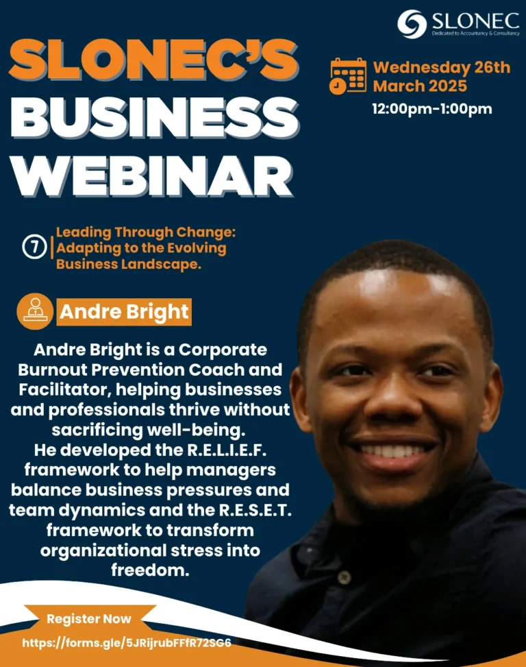 SLONEC Business Webinar poster: Leading Through Change, 26 March 2025