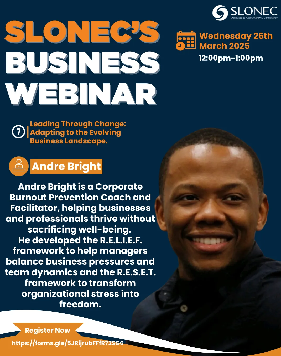 SLONEC Business Webinar poster: Leading Through Change, 26 March 2025