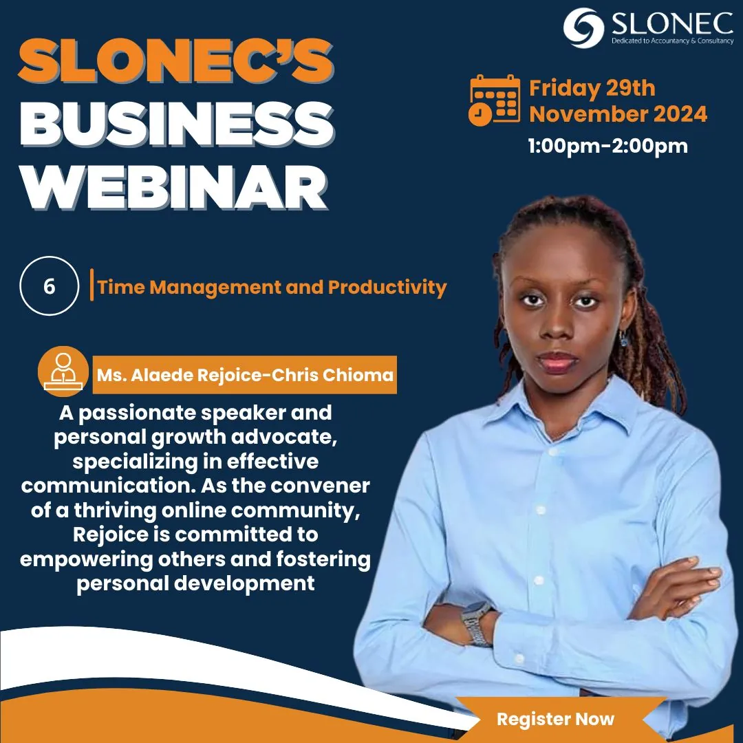 SLONEC Business Webinar poster: Time Management and Productivity, 29 November 2024