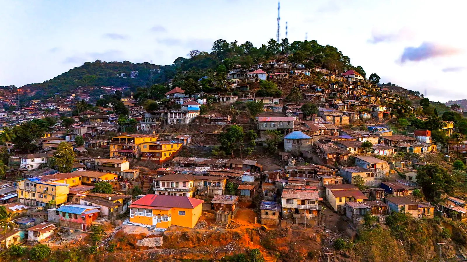Colourful hillside homes below Mount Aureol, Freetown, Sierra Leone