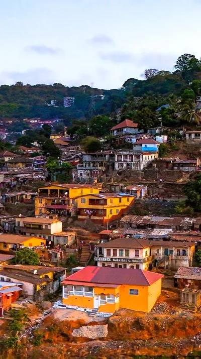 Colourful hillside homes below Mount Aureol, Freetown, Sierra Leone