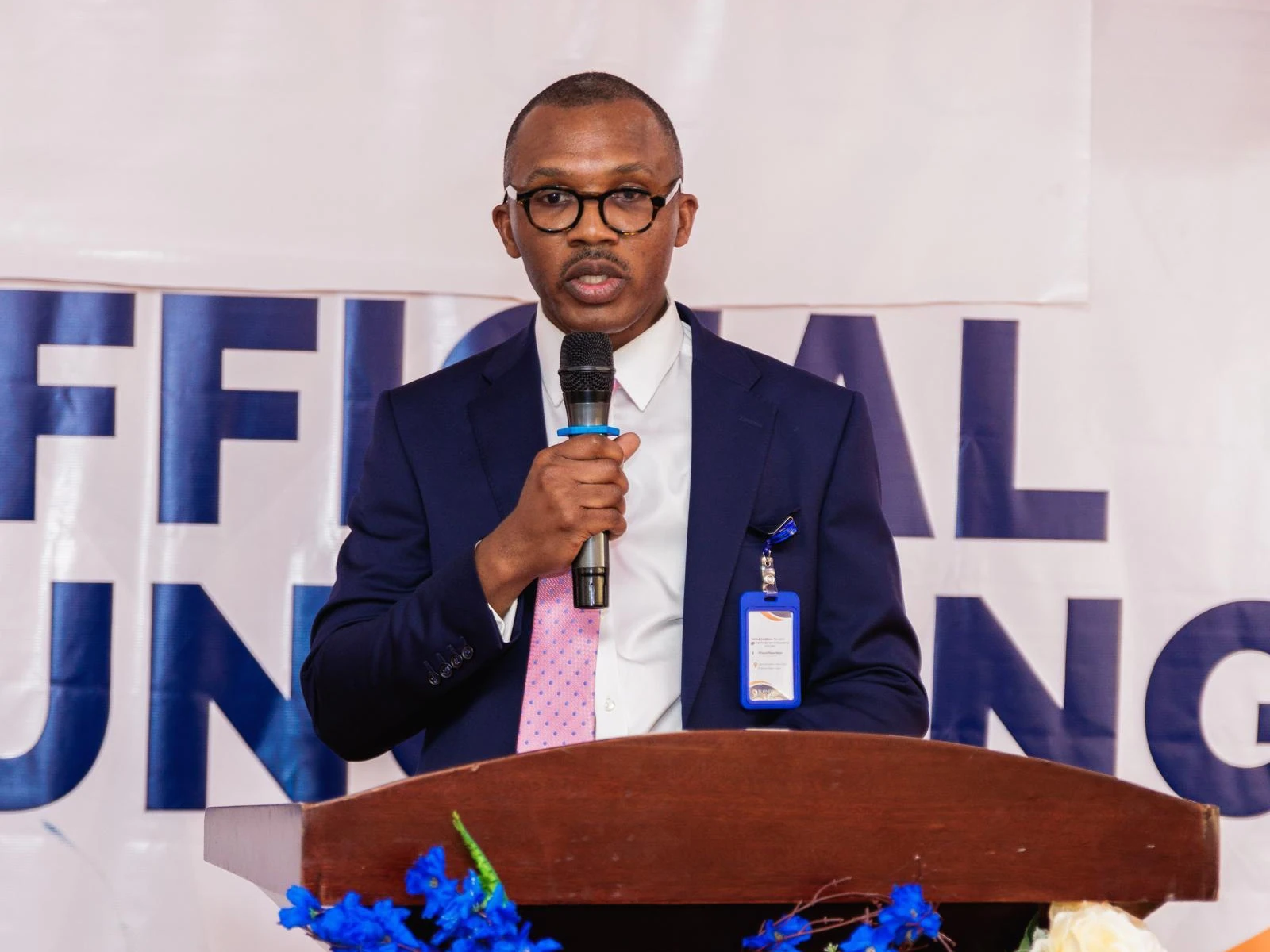 Ishmael Bangura, Founder and CEO of SLONEC, speaking at SLONEC's Official Launching at the Bintumani Hotel, Freetown