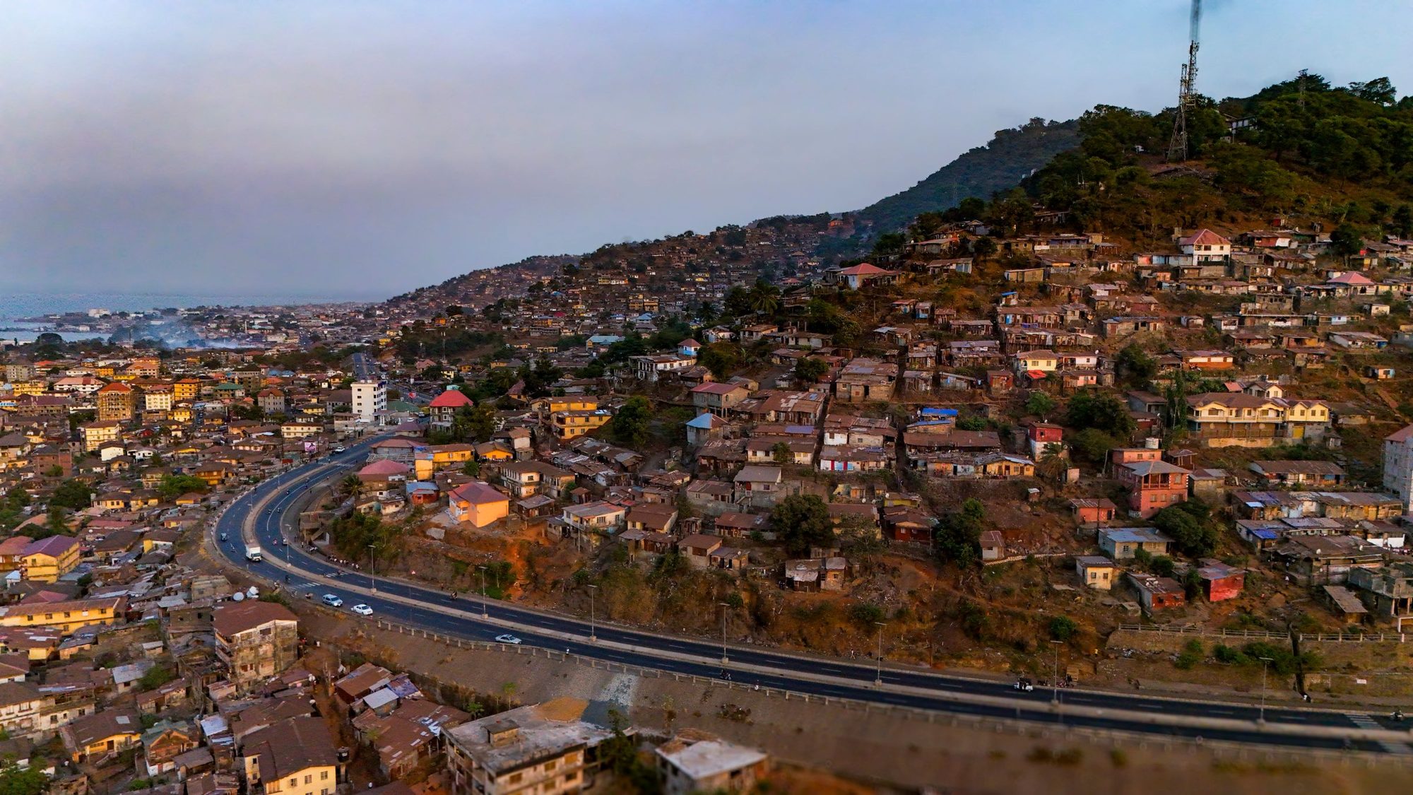 Aerial view of hillside housing in Freetown, Sierra Leone