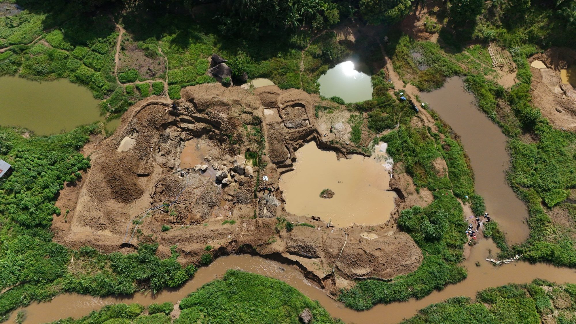 Aerial view of a mining site near Koidu, Kono District, Sierra Leone